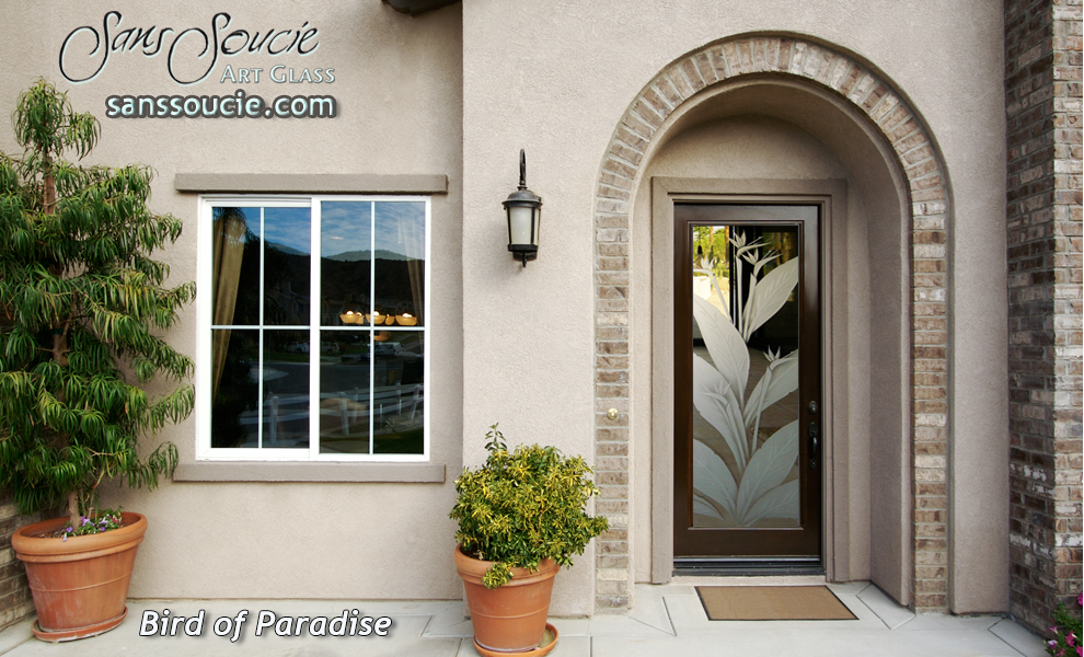 front doors with glass etched tropical