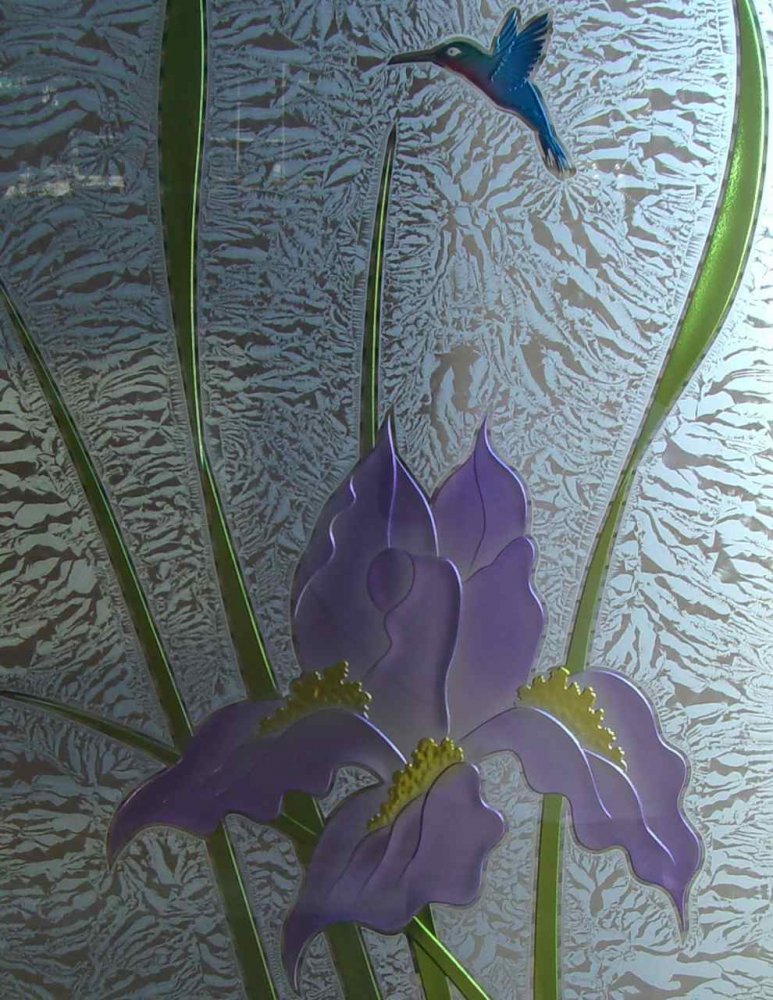 etched glass iris flower purple