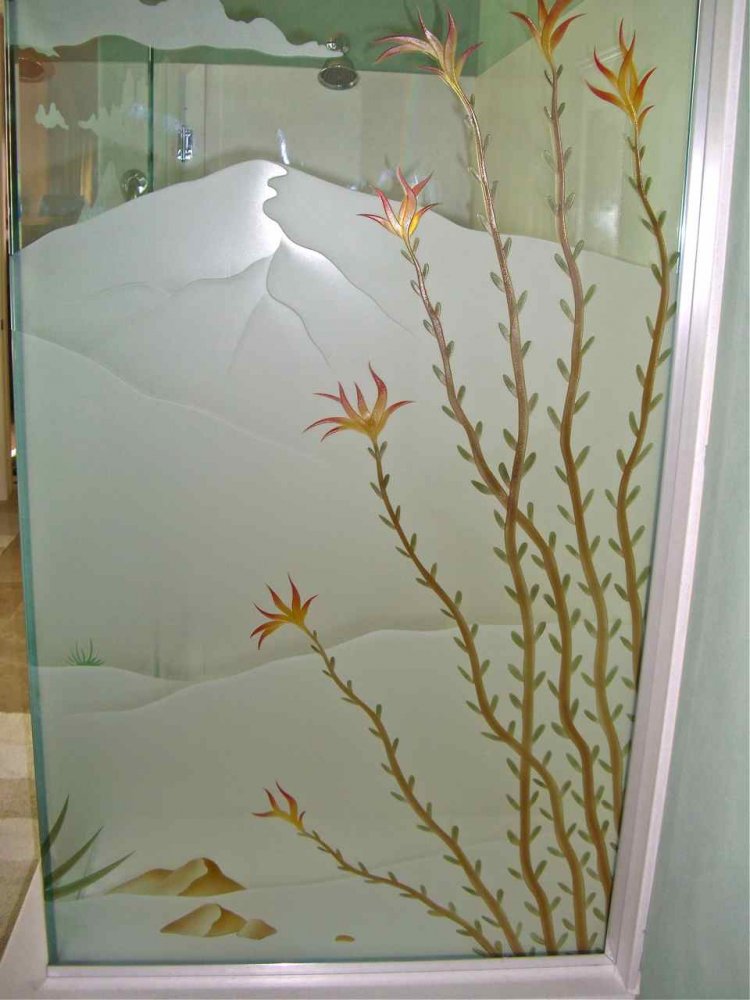 etched glass showers desert scene 