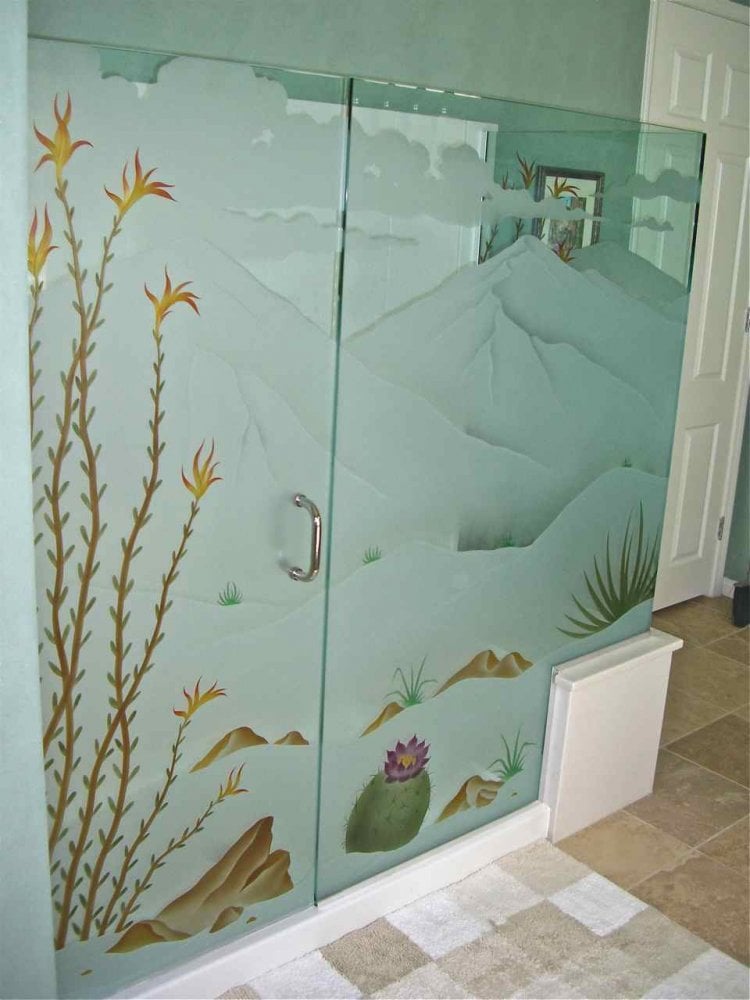 etched glass showers desert scene 
