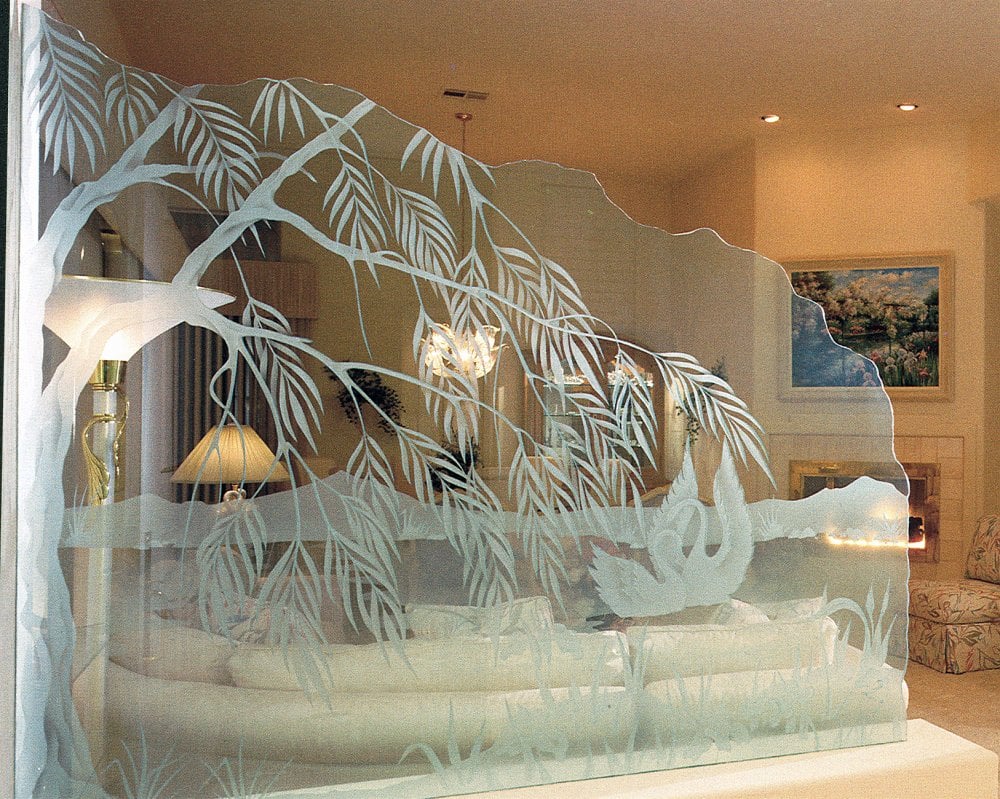 decorative glass partitions etched swans 