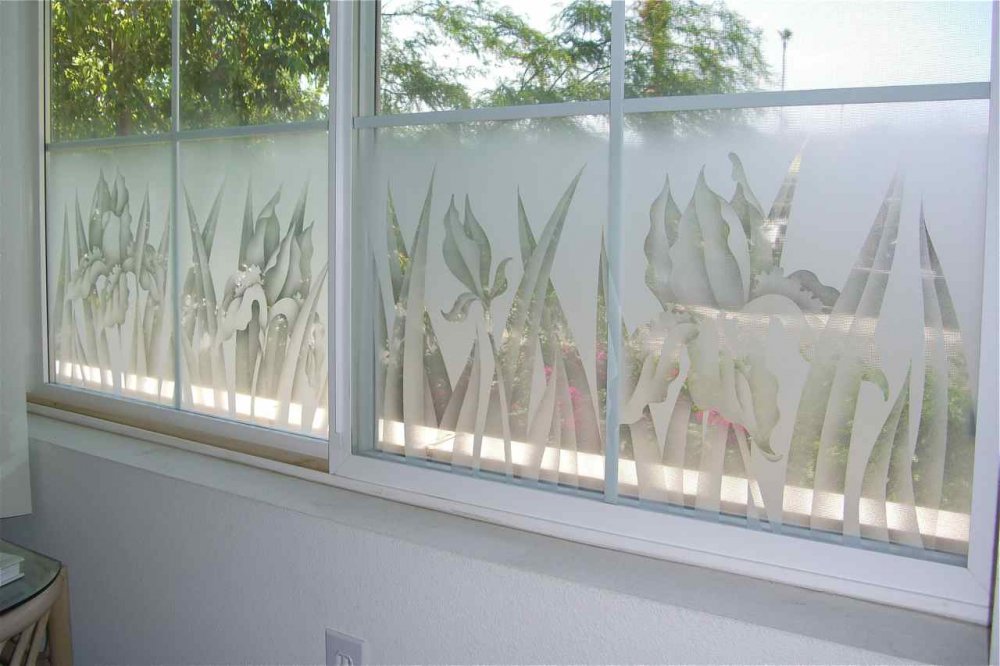 etched glass windows flowers iris frosted