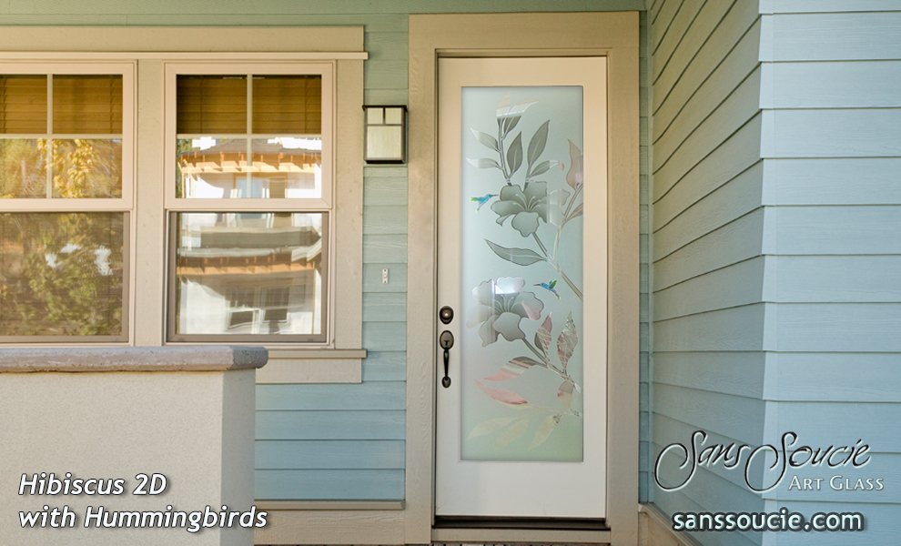 Etched Glass Doors Floral Hummingbirds Hibiscus