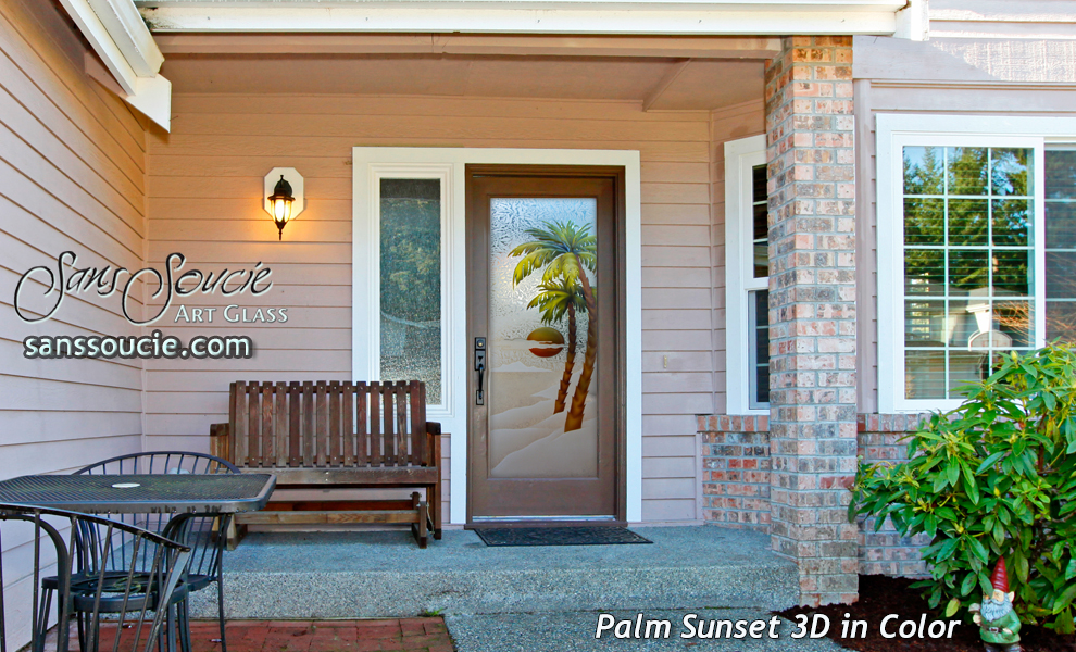 painted glass doors palm trees sunset 