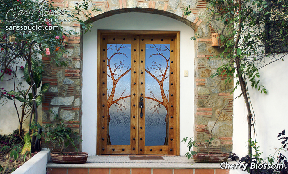 Etched Glass Doors Painted Cherry Blossom Trees