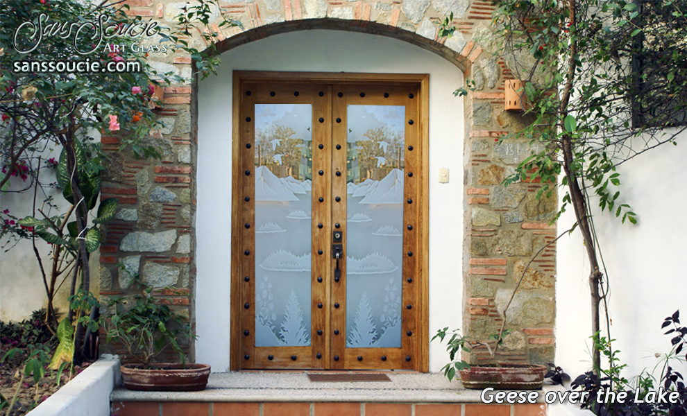 Etched Custom Glass Doors Birds Lake