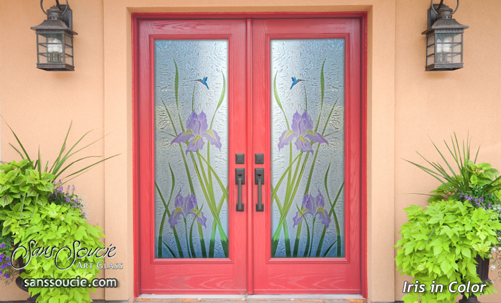 Etched Glass Doors Painted Florals Irises 