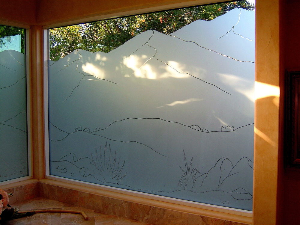 etched glass windows mountains landscape 