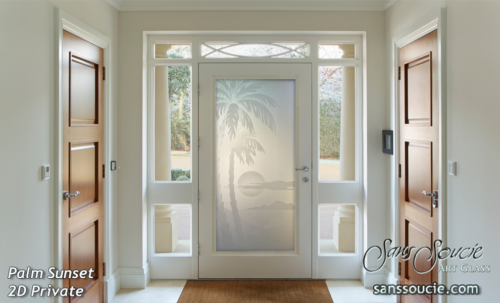 Glass Entry Doors Etched Palm Sunset Sans Soucie  