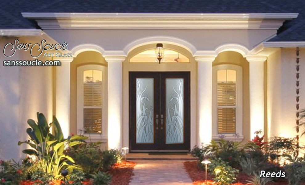glass entry doors etched traditional reeds 