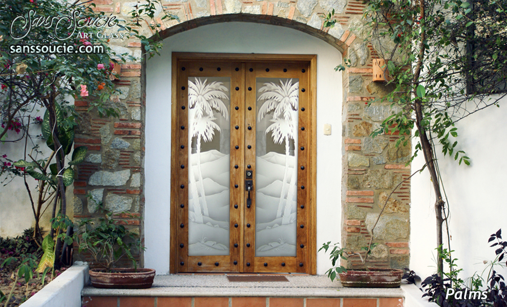 entry etched glass doors palm trees 