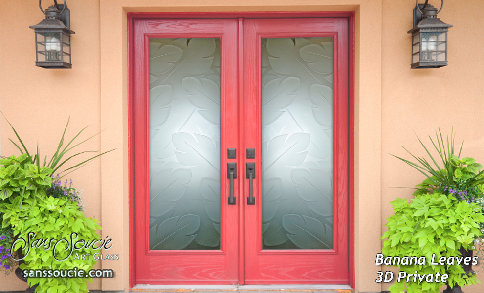 glass entry doors etched tropical banana leaves