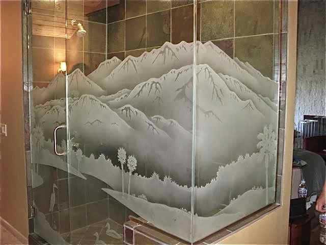 Custom Glass Shower desert mountain landscape palm trees