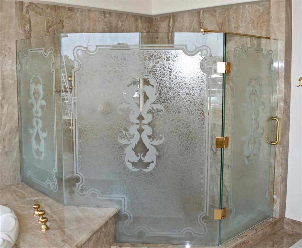 Custom Shower Glass Traditional filigree design etched glass
