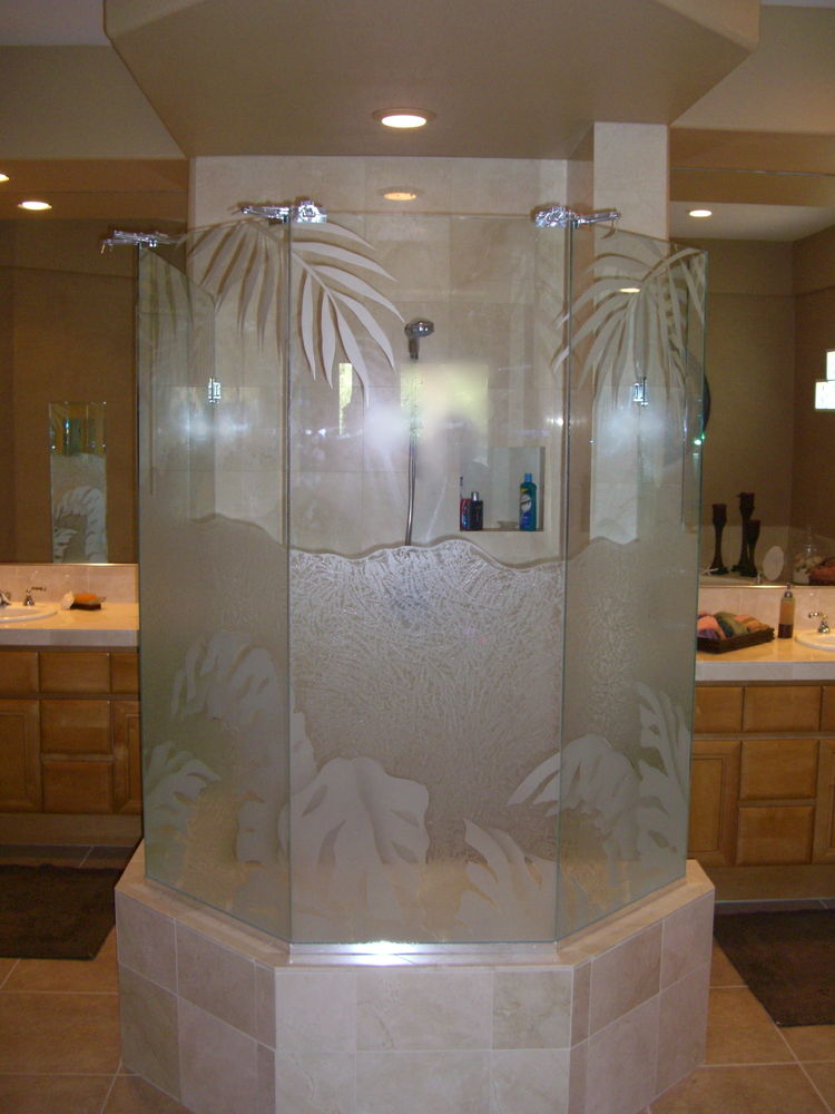 Custom Glass Shower Tropical design fern leaves
