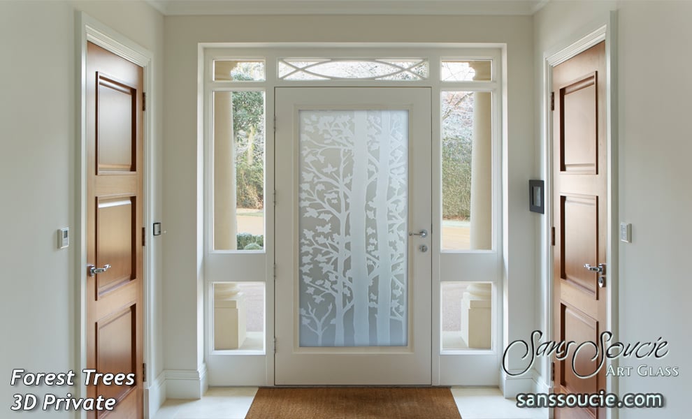 Glass Entry Doors Etched Glass Trees Rustic Style Forest Trees 3D Private