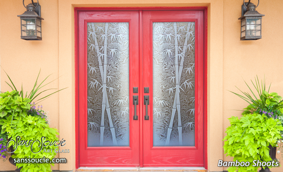 Double Entry Doors Etched Glass Front Doors Asian Decor Bamboo Shoots