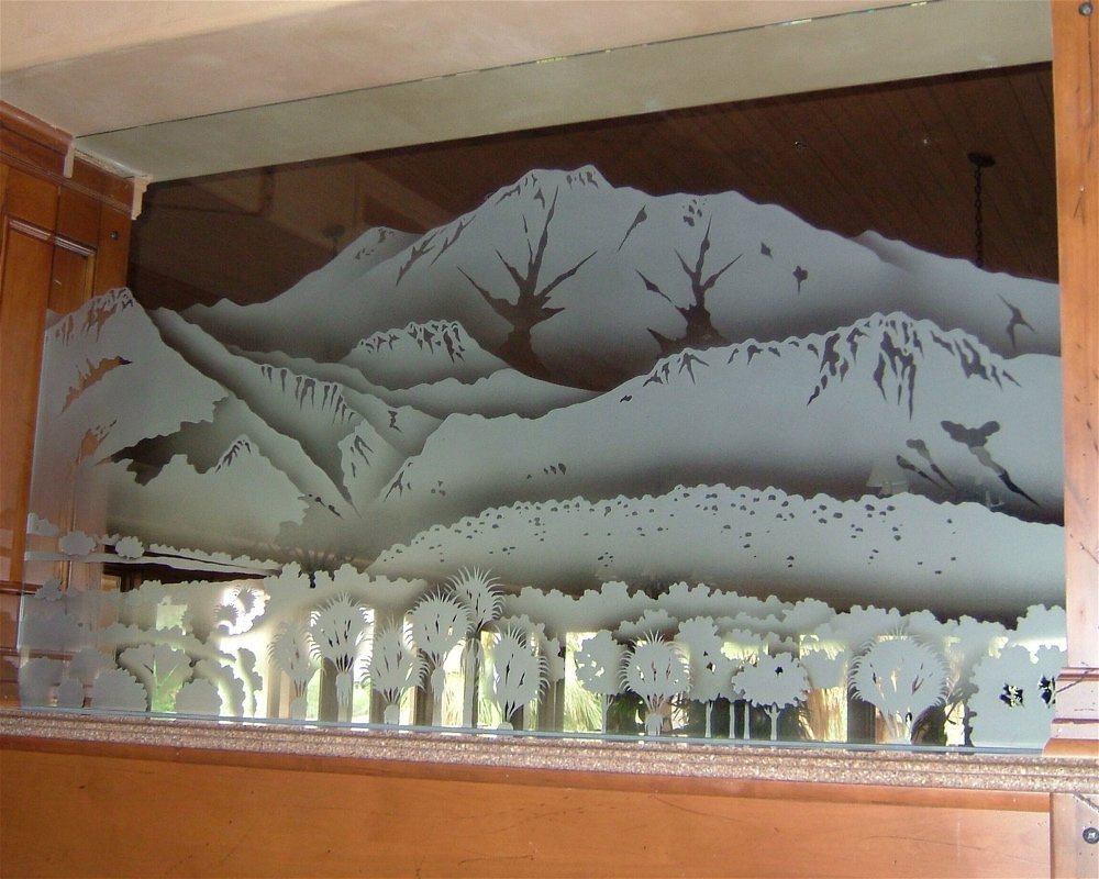 Mountain landscape decorative glass partition wall with etched and carved frosted glass design