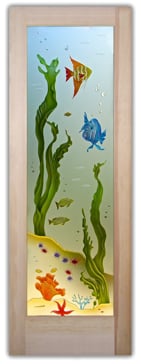 Handmade Sandblasted Frosted Glass Interior Door for Semi-Private Featuring a Oceanic Design Aquarium Fish by Sans Soucie