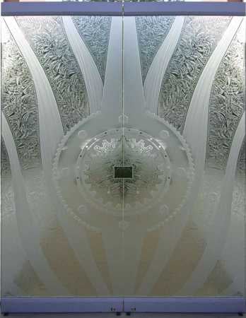 All Glass Front Door with a sandblast Frosted Glass Geometric Design Custom-Designed Decorative Etched Glass
