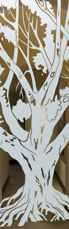 Door Glass Insert with a sandblast Frosted Glass Tree Design Custom-Designed Decorative Etched Glass