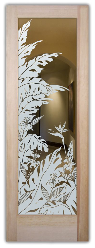 Glass door with tropical leaf and floral design, positive etched botanical pattern with clear background