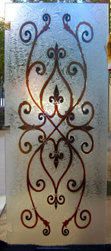 Art Glass Shower Door Featuring Sandblast Frosted Glass by Sans Soucie for Semi-Private with Wrought Iron Corazones Design