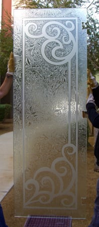 Shower Door featuring Frosted Glass Design Etched Glass by Sans Soucie Art Glass with Custom Wrought Iron Design Concorde
