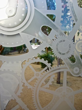 Partition featuring Frosted Glass Design Etched Glass by Sans Soucie Art Glass with Custom Geometric Design Gears