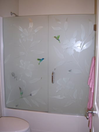 Shower Enclosure with a sandblast Frosted Glass Tropical Design Custom-Designed Decorative Etched Glass