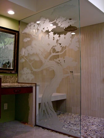 Shower Enclosure with a Frosted Glass Bonsai III Asian Design for Semi-Private by Sans Soucie Art Glass
