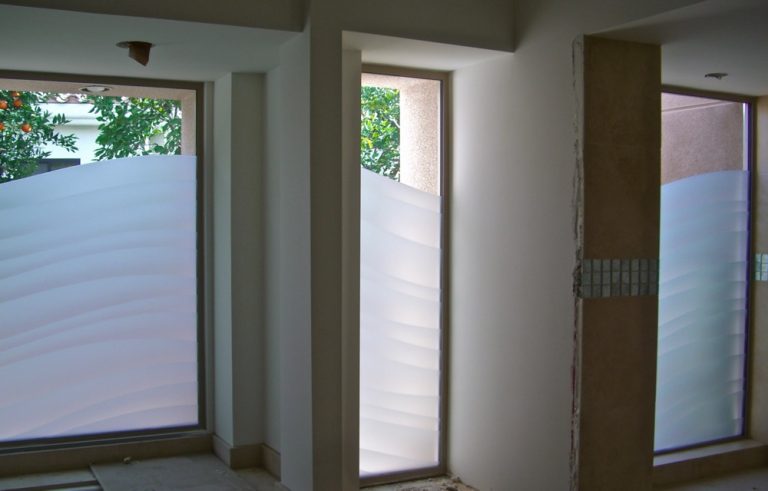 Tall, narrow etched glass bathroom window for small spaces, handcrafted by Sans Soucie Art Glass.