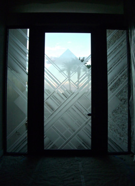Window with a Frosted Glass Cardinal Geometric Design for Semi-Private by Sans Soucie Art Glass