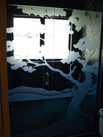 Shower Enclosure with sandblast Frosted Glass Design Art Glass Featuring Sandblast Etched Glass by Sans Soucie