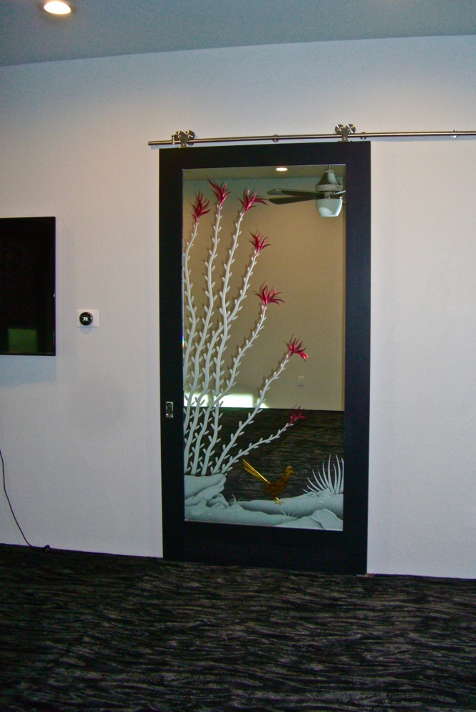 Modern Design Style Glass Sliding Pantry Door with etched carved and painted glass design and mirror