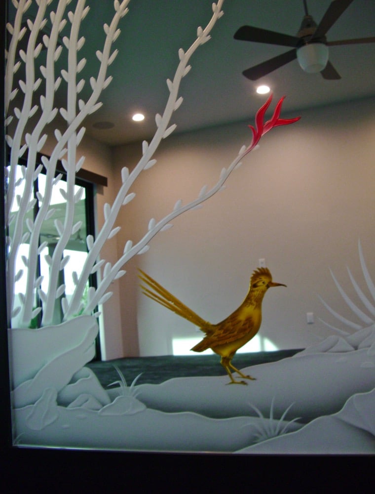 Close-up of etched and painted mirrored barn door Ocotillo Roadrunner 3D, featuring a bird and desert landscape design