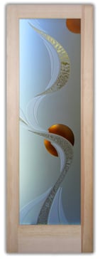 Handmade Sandblasted Frosted Glass Prehung Interior Door or Slab Door for Semi-Private Featuring a Geometric Design Ribbon Reflection Moons by Sans Soucie