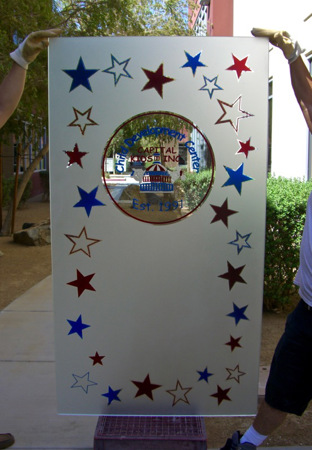 Interior Glass Insert featuring a Frosted Glass Logos Design Sandblast Etched Glass Child Development Center (similar look) Design by Sans Soucie