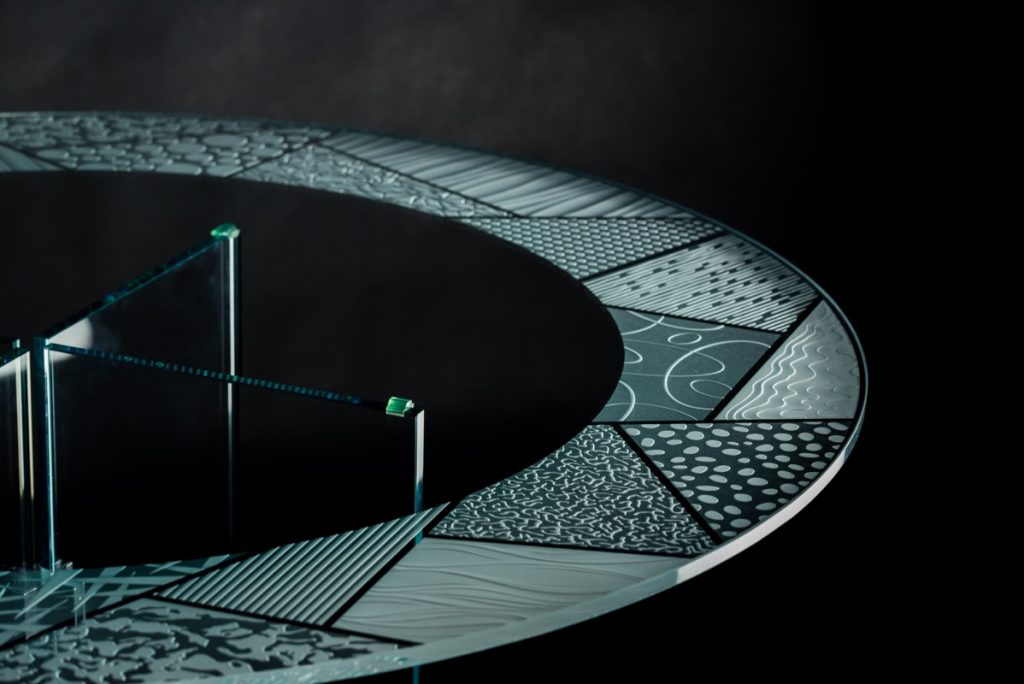 Custom etched glass table top design, Matrix featuring intricate geometric patterns.
