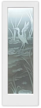 Private Front Door with Sandblast Etched Glass Art by Sans Soucie Featuring Cranes A Wildlife Design