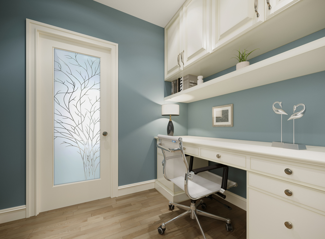 Residential home office with decorative frosted glass door and built-in desk
