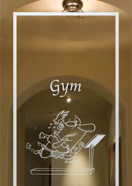 Theme Room Insert with a Frosted Glass Treadmill Whimsical Design for Not Private by Sans Soucie Art Glass