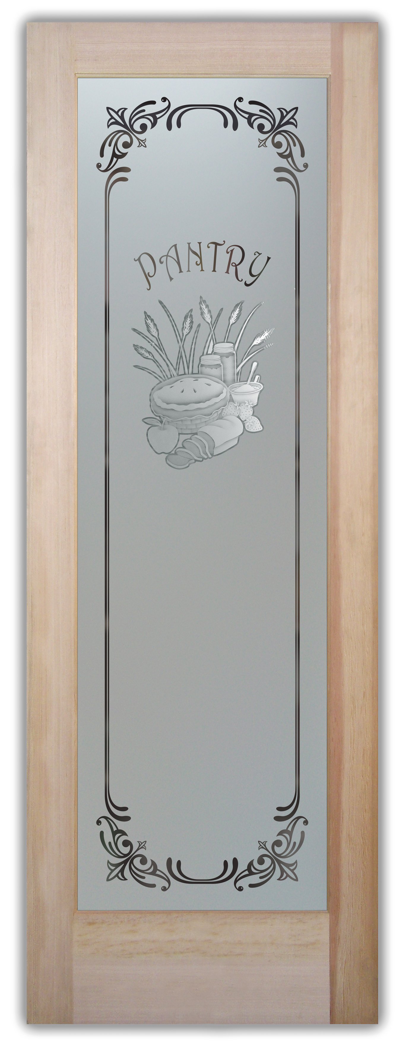 Frosted pantry door featuring soft gradient shading and a detailed produce design with "Pantry" text above.