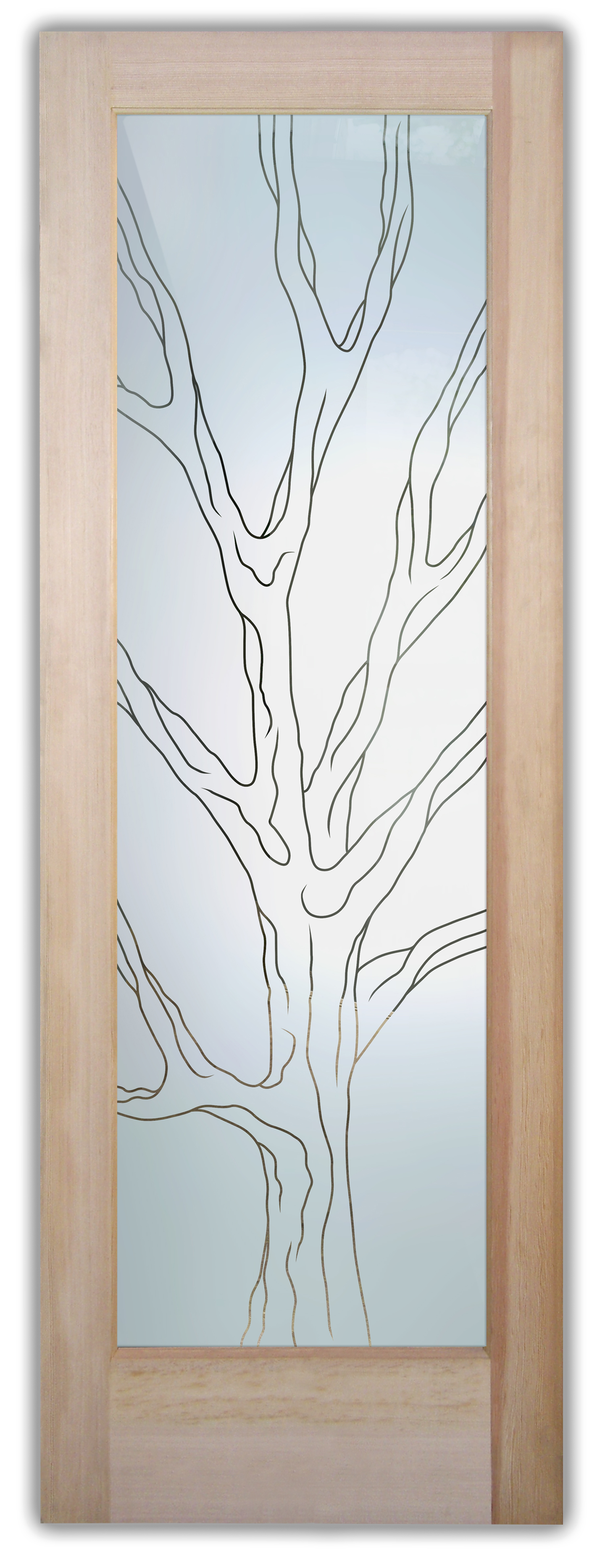 Barren Branches glass door with 1D pinstripe detail, semi-private minimalist tree branch design