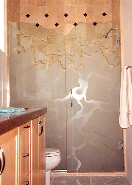 Handcrafted Etched Glass Shower Enclosure by Sans Soucie Art Glass with Custom Patterns Design Called Breakaway Creating Semi-Private