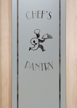 Handmade Sandblasted Frosted Glass Pantry Door for Semi-Private Featuring a Italian Chef Design Chop Chop Chef by Sans Soucie