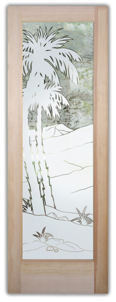 Date Palm II glass door with 1D gluechip background, semi-private etched palm design