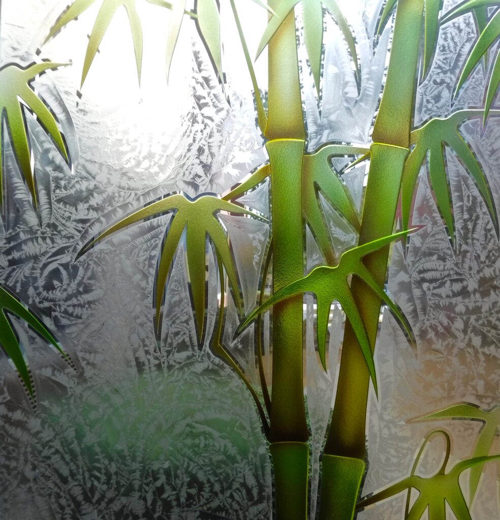 Close-up of dimensional Bamboo Shoots glass artwork with frosted textures, ideal for a contemporary black front door that blends bold design with artistic craftsmanship.