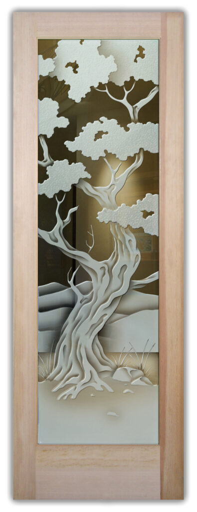 3D carved bonsai tree glass door with clear background, semi-private modern design