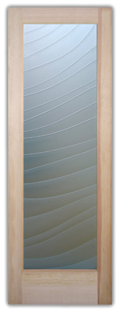 Contemporary etched glass door with curved wave lines on frosted glass, creating a sleek modern privacy design